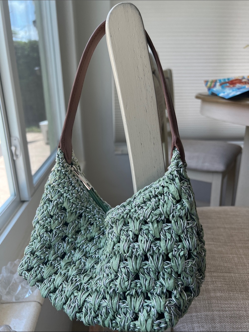 Woven Sage Green Shoulder Bag with Brown Handle
